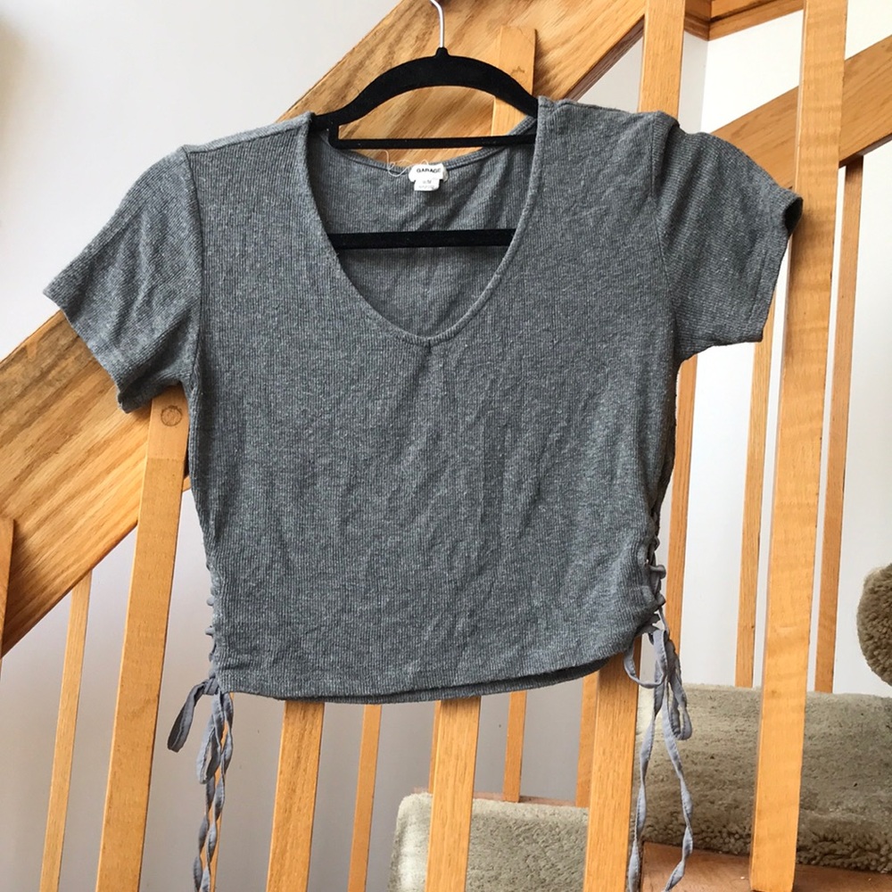 Ribbed Gray Cropped Tshirt with Ribbon Ties